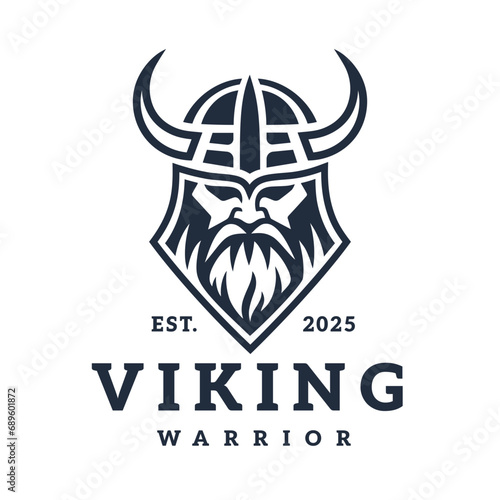 Nordic viking logo. Norse warrior icon. Horned barbarian helmet symbol. Norseman Odin emblem. Vector illustration.