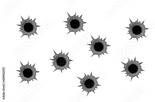 Realistic bullet holes from a firearm in a metal plate are isolated on transparent background. Torn hole in the metal plate from bullets. Vector illustration