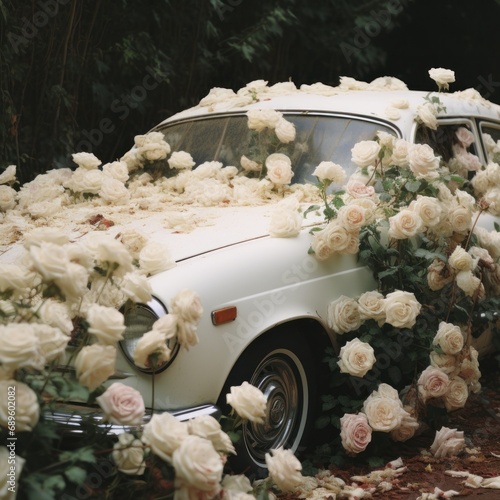 An old-fashioned white car adorned with a multitude of white roses, creating a romantic, nostalgic scene photo