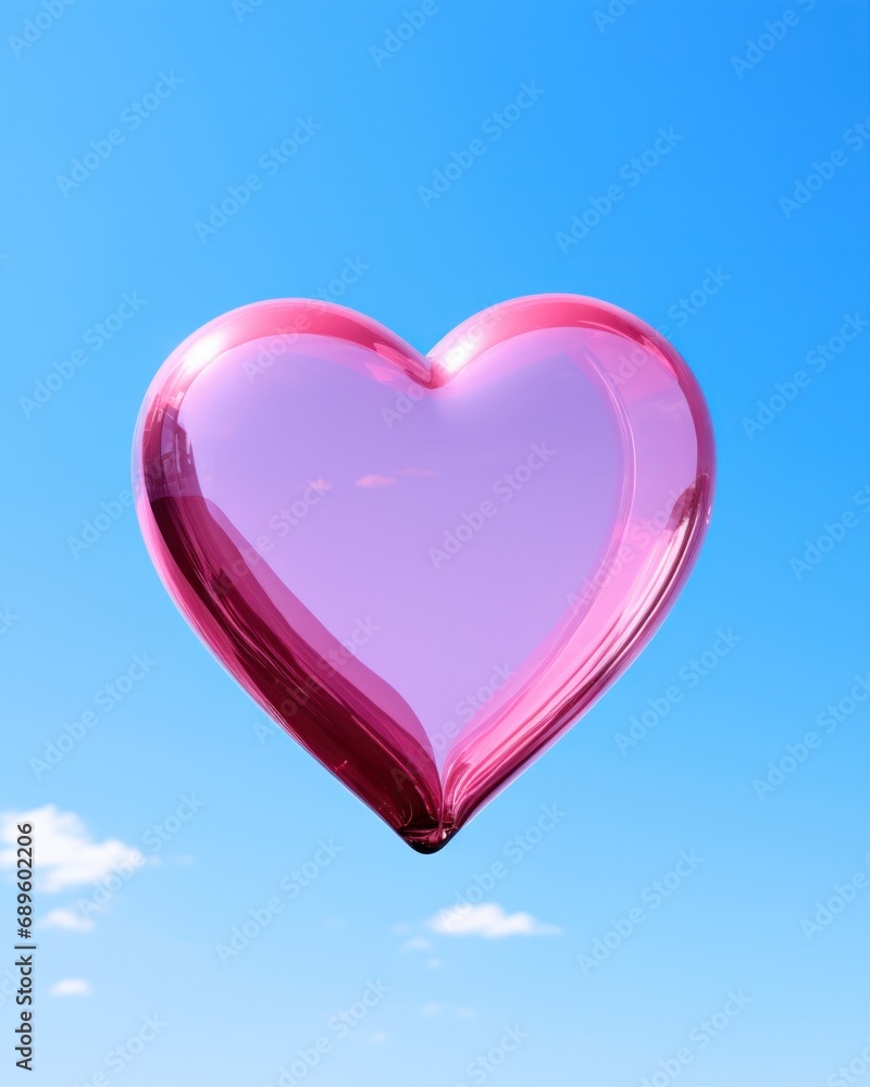 Vibrant pink metallic heart-shaped balloon floating in the air against a clear blue sky, evoking passion