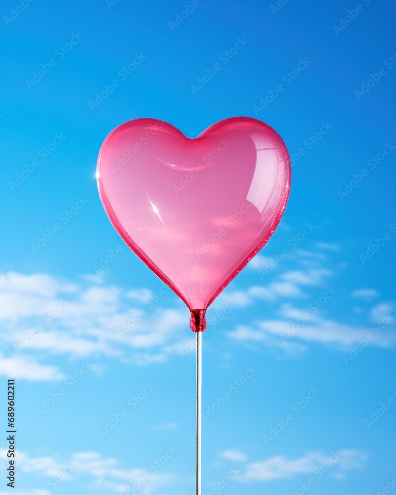 Bright pink heart-shaped balloon with a transparent effect against a cloudless azure sky, offering a sense of amour Bright pink heart-shaped balloon with a transparent effect against a cloudless azure sky, offering a sense of amour