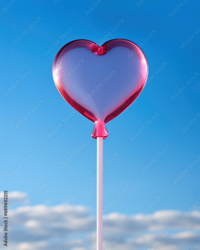 Crisp image of a purple-to-pink gradient heart balloon set against the serene blue sky
