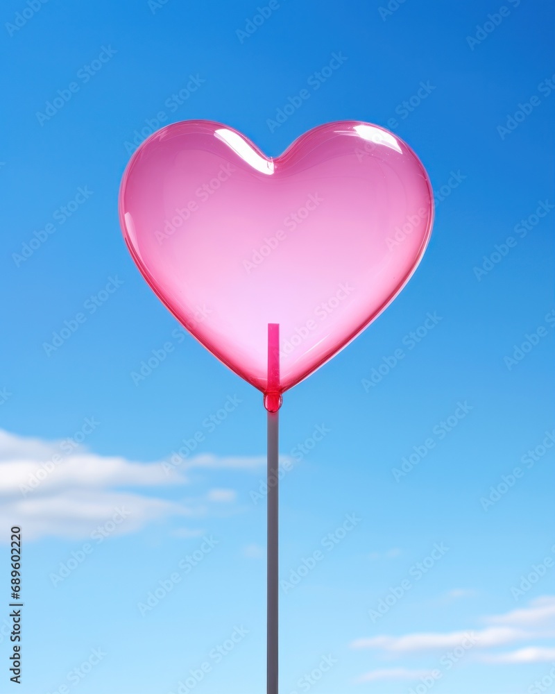 A vibrant pink heart-shaped balloon soars under a clear blue sky, evoking feelings of love and joy