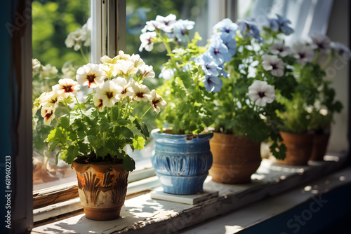   ute flowers in pots stand on the windowsill  bright sunny day  closeup view