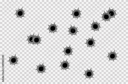 Realistic bullet holes from a firearm in a metal plate are isolated on transparent background. Torn hole in the metal plate from bullets. Vector illustration