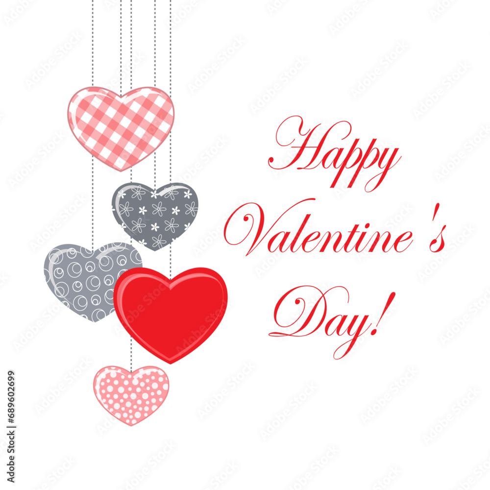 Valentine's Day card with decorative hearts and wish, vector illustration, decorative elements isolated on white background.