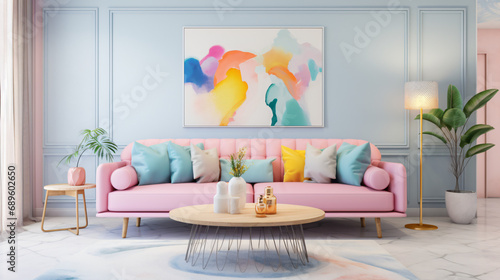 Modern interior. Vibrant pastel girly living room