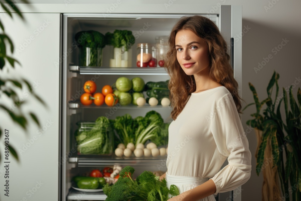 Young Woman Picking Fresh Vegetables from Refrigerator at Home.