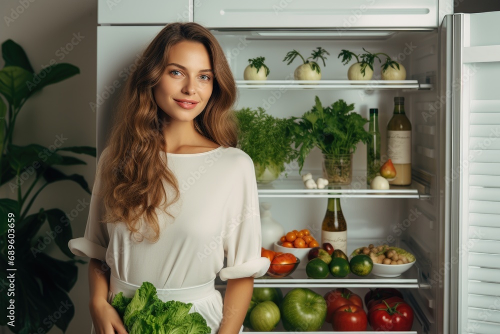 Young Woman Picking Fresh Vegetables from Refrigerator at Home. Young Woman Picking Fresh Vegetables from Refrigerator at Home.
