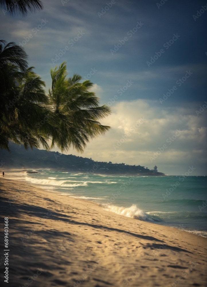 Vintage polaroid of a beach scene in Cuba, couples playing in water, sand, palms, dark clouds at the horizon , Vintage polaroid of a beach scene in Cuba, sand, palms Acteurs jeunes sur une plage parad