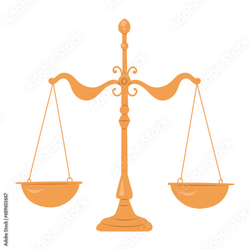 Antique gold precision scales, simple hand drawn illustration in flat design