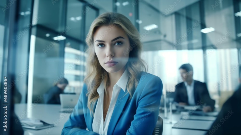 Low angle wideshot young smart clever of business people portrait standing in high rise interior office business casual ideas sharing strategy vision goal business ideas concept