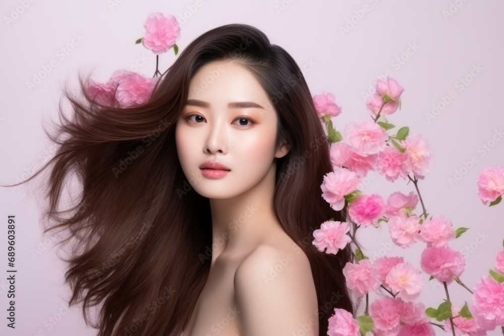 Korean Beauty Model with Flawless Skin and Spring Blossoms.