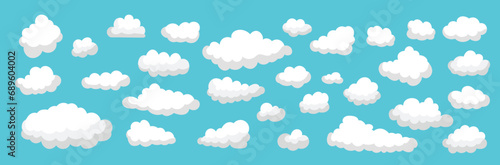 Set of vector white clouds of various shapes and transparency in the blue sky. Collection of blue clouds and beautiful shadow. Simple cute cartoon design. Flat vector illustration