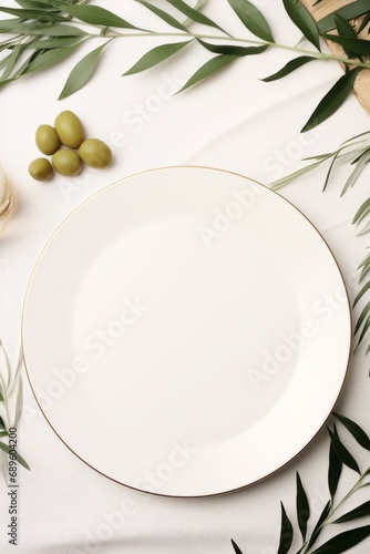 white ceramic plate dish tableware topview with tree lead olive furit frame summertime concept