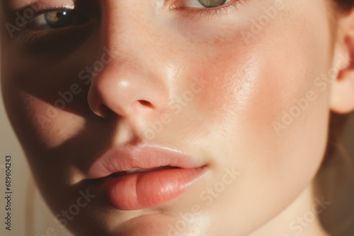 extreamly close up adult Young woman wearing natural bright red lipstick  portrait Woman s face  close-up of lips and nose woman face with ain freshness water drop