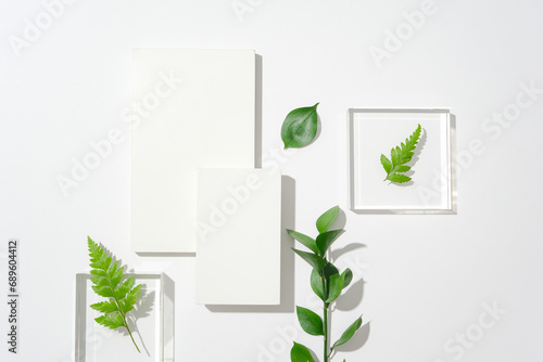 Two white podiums and two transparent glass podiums are decorated with green leaves and fern leaves on a white background. Empty podium for product display. Top view.