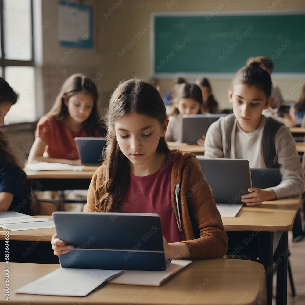 Fototapeta premium Technology and digital learning A scene capturing students using technology devices, such as tablets or laptops, in a classroom setting