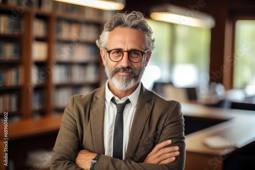 Portrait of mature male professor with glasses in a public library. photo