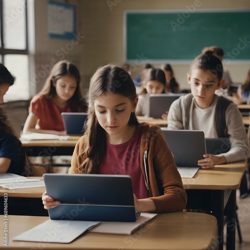 Technology and digital learning A scene capturing students using technology devices  such as tablets or laptops  in a classroom setting