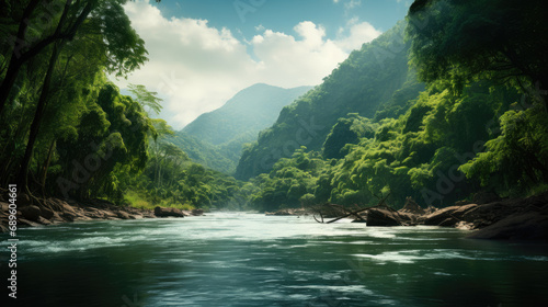 Summer in Lush Rain forest. Rivers and Tropical Vista Landscape