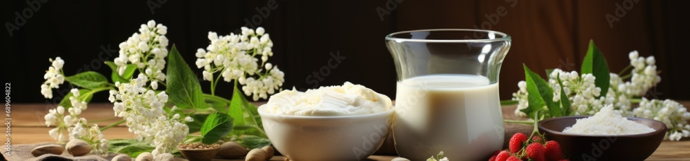 Fresh Dairy Products on Wooden Table with Rustic Backdrop. Fresh Dairy Products on Wooden Table with Rustic Backdrop.
