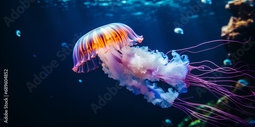 Colorful Jellyfish With Sunlight Glimmering Through Water Glowing Deep Sea Jellyfish A Radiant Beauty In The Underwater Background Colorful Jellyfish Gliding Through the Watercolor Seascape AI Generat