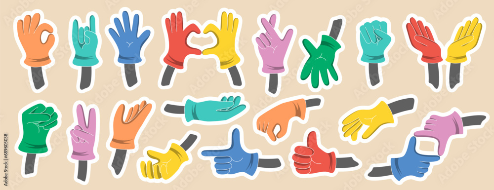 Set of hands drawn in cartoon style. Vector images of hands in different poses. Non-verbal or manual communication, hand language, hand gestures.