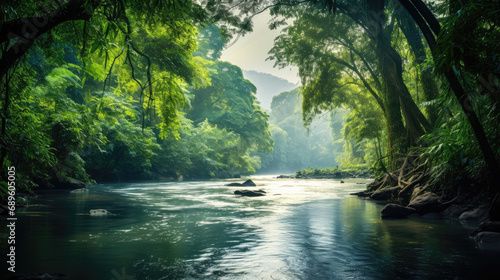 Summer in Lush Rain forest. Rivers and Tropical Vista Landscape