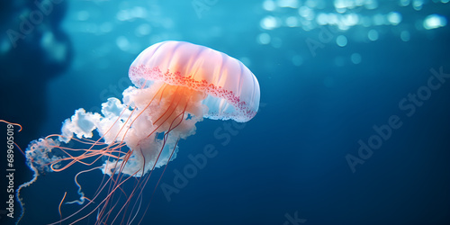  jellyfish among deep sea cold waters and bubbles, microcosm Jellyfish animal invertebrate zooplankton AI Generative 