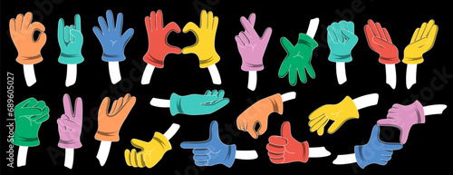 Set of hands drawn in cartoon style. Vector images of hands in different poses. Non-verbal or manual communication, hand language, hand gestures.