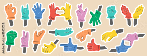 Fototapeta Naklejka Na Ścianę i Meble -  Set of hands drawn in cartoon style. Vector images of hands in different poses. Non-verbal or manual communication, hand language, hand gestures.