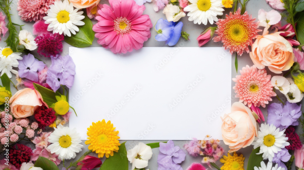 Background of flowers. Spring brightly colored flowers with copy space in the center. Top view. Copy space. Mockup.