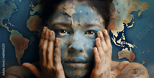 A person protesting against climate change, colors of the earth on the face and hands signifying desertification photo