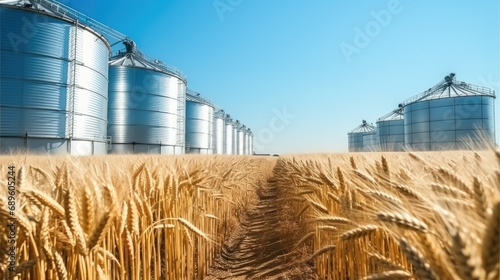 Silos granary elevator with manufacturing plant in wheat field.