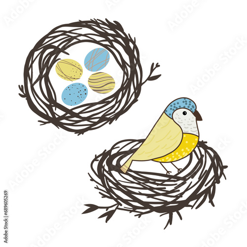 Hand drawn set art of bird nest