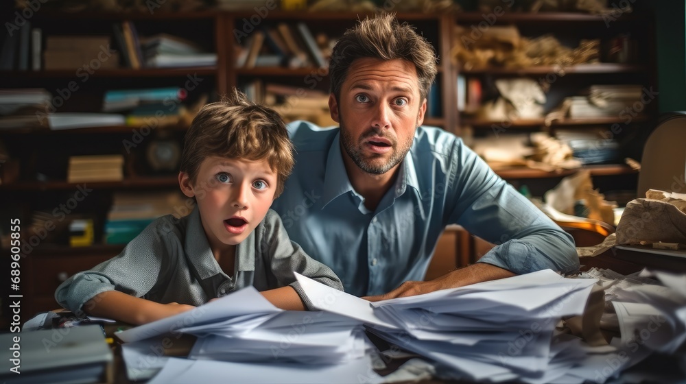 Father is help son with school homework, Stress, Anxiety and despair moment.