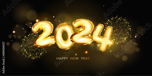 New Year firework and golden numbers 2024 background. Celebration New Year's Eve. banner or greeting card for Merry Christmas and happy new year. Vector illustration