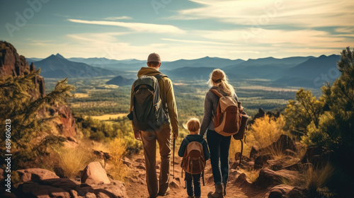 Family and children hiking, Family adventure concept, View from the backside.