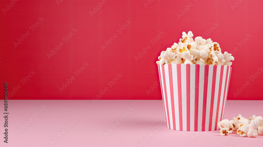 Striped Popcorn Box Isolated on Yellow Background with Copy Space