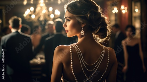 Beautiful elegant woman in cocktail dress and expensive jewelry at luxury party. photo