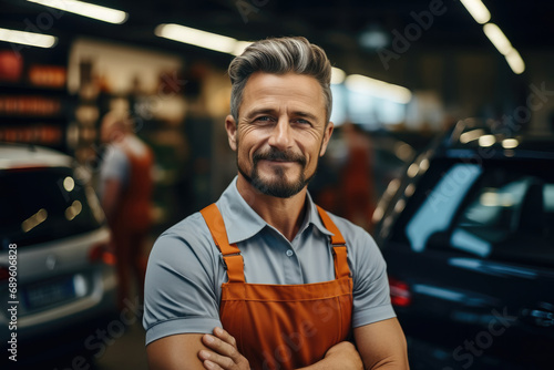 Portrait of male mechanic in uniform in car auto repair service.