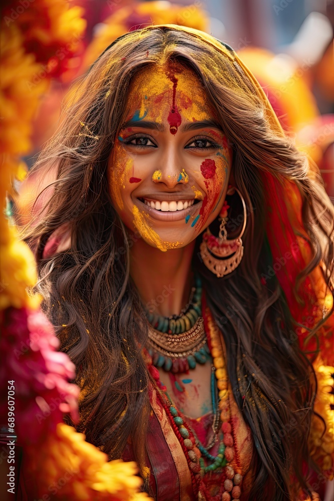 beautiful indian woman with color in her face at a holly festival beautiful indian woman with color in her face at a holly festival