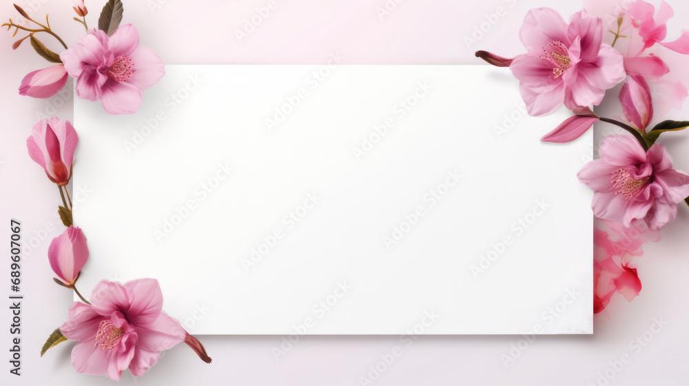 Frame of pink flowers. Spring blooming with copy space in the center. Top view. Copy space. Mockup.