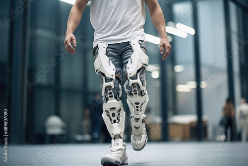Man walking with Futuristic Cyber Prosthetic Leg, Modern technology in prosthetic leg for disability people. photo