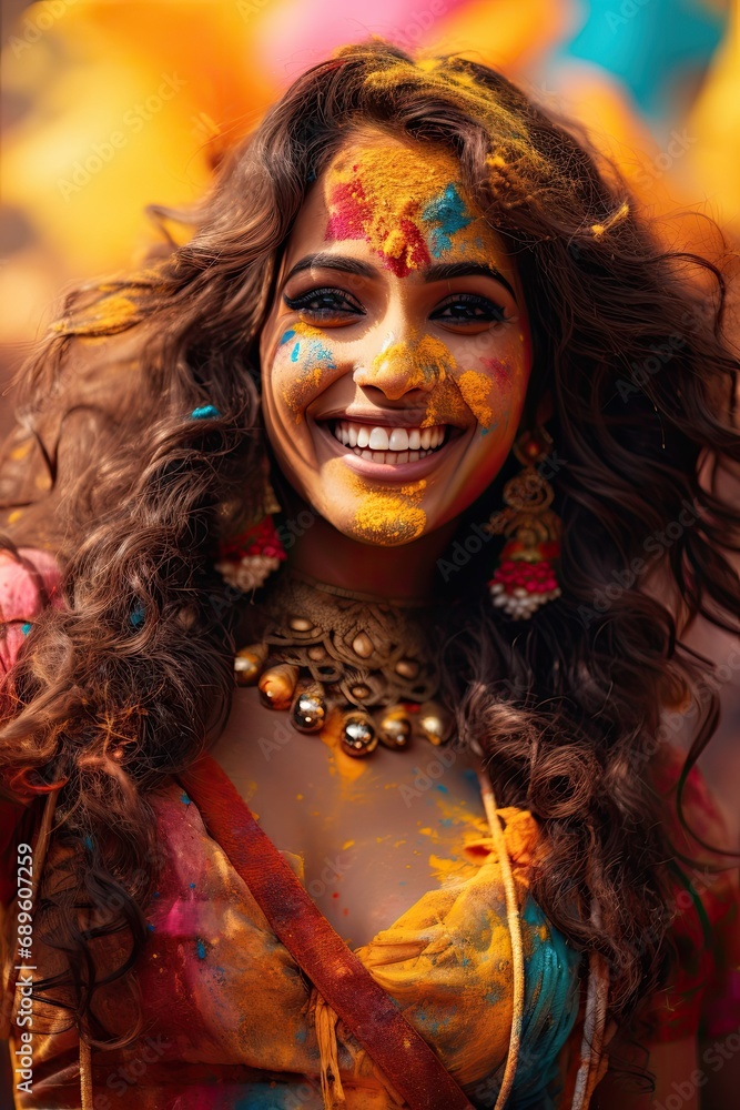 beautiful indian woman with color in her face at a holly festival beautiful indian woman with color in her face at a holly festival