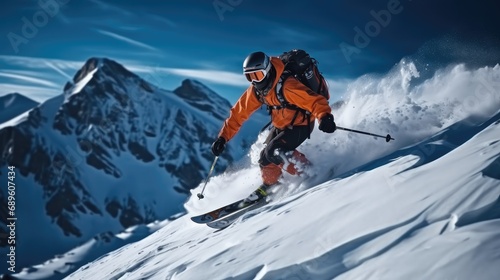 Skier skiing downhill, Winter sports and leisure activities.