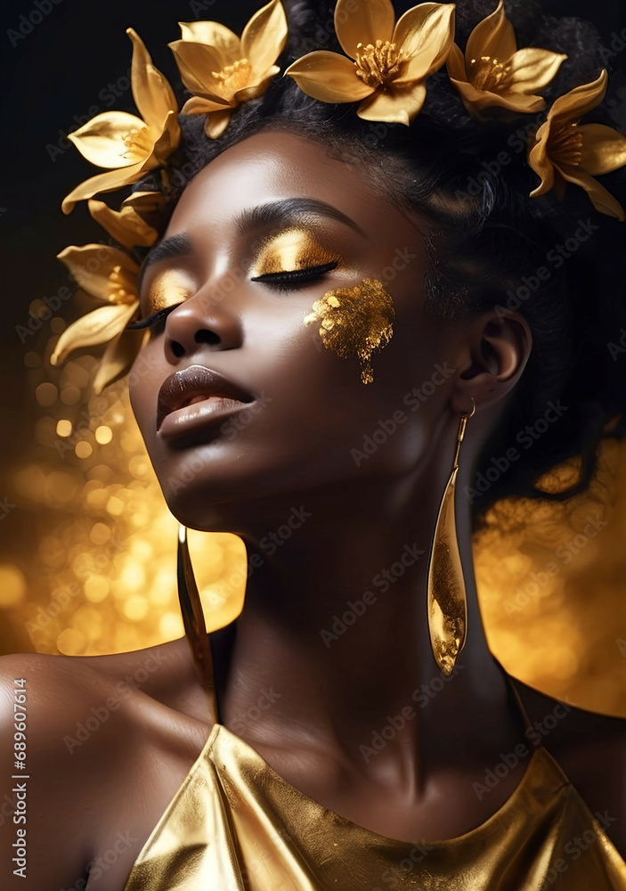 Golden paint smudges drips from the face lips and hand, golden liquid drops on beautiful model girl's mouth, creative abstract makeup. Beauty woman face