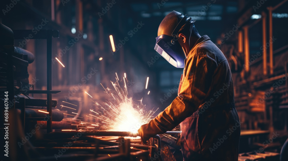 Portrait of Male Worker Welding Metal Bars in Safety Outfit and Helmet at Factory Portrait of Male Worker Welding Metal Bars in Safety Outfit and Helmet at Factory