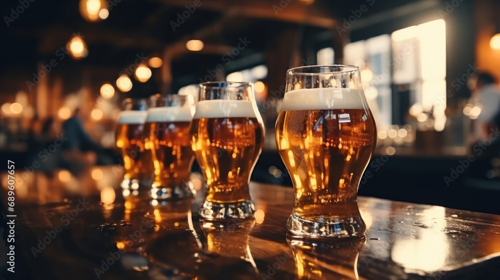 Glasses of beer on a wooden table at a pub